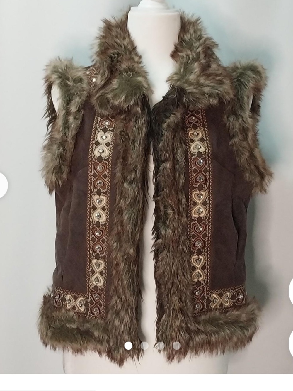 Vintage Donna Salyers Fabulous Furs Boho Brown Faux-Suede Vest Embroidered Small